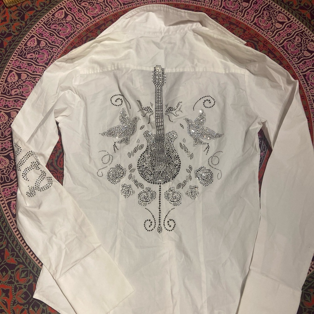 RAWYALTY Crystal Guitar Shirt sz S Womens Cotton Blend Long Sleeve NWT